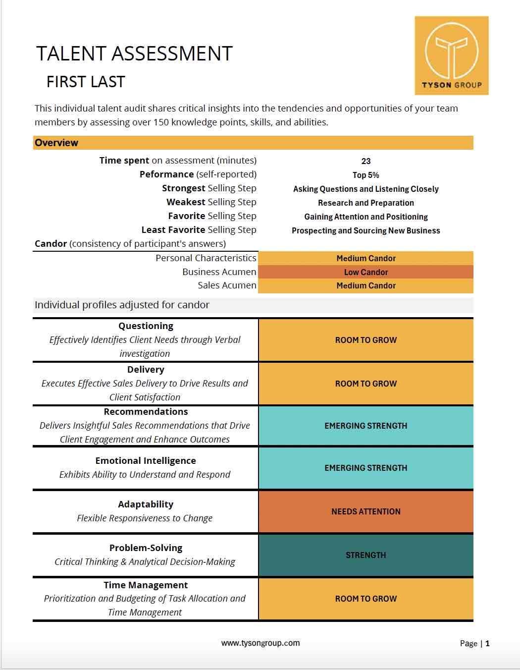 SALES ASSESSMENT SAMPLE REPORTS