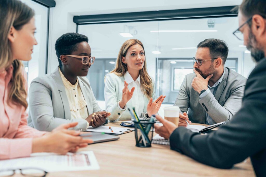 Professional team meeting in a modern office.