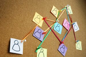 Delegation in company. Organizational structure from pins and strings on the board.